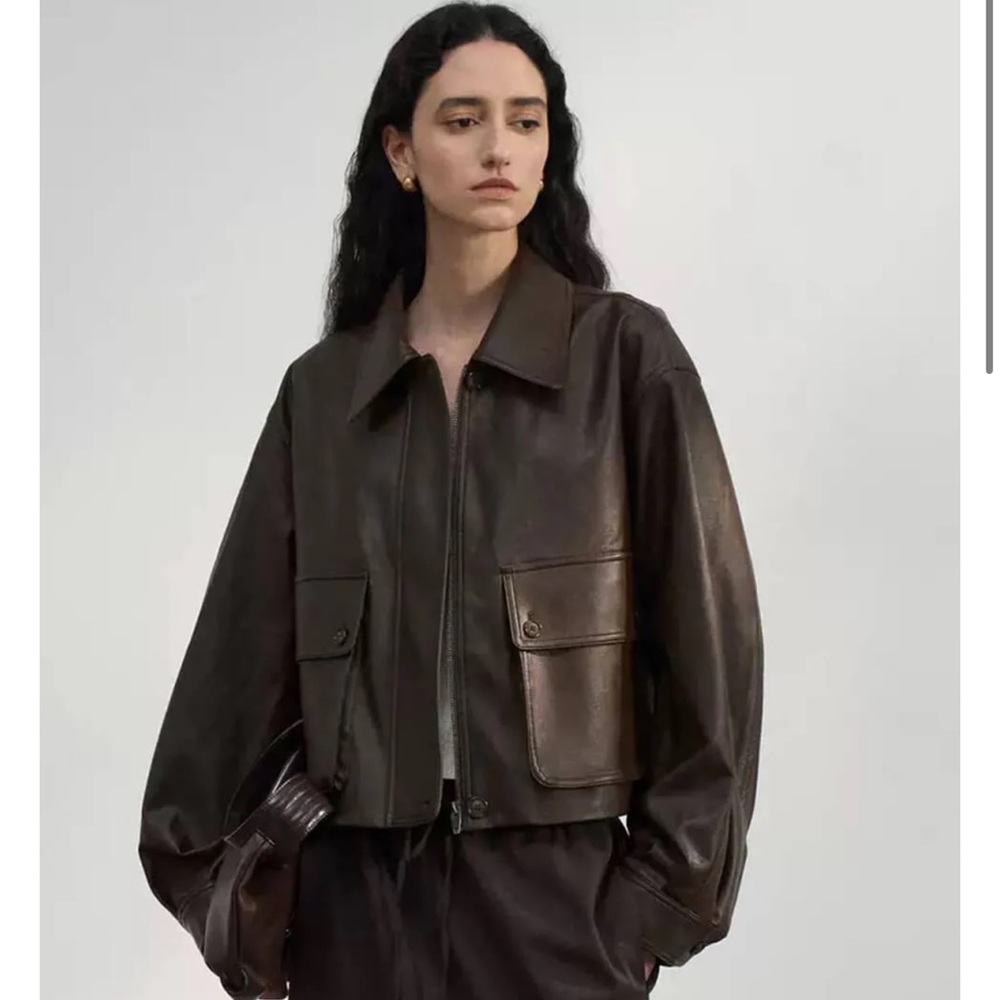 Pixie Market BROWN PATCH POCKET LEATHER JACKET-BESTSELLER